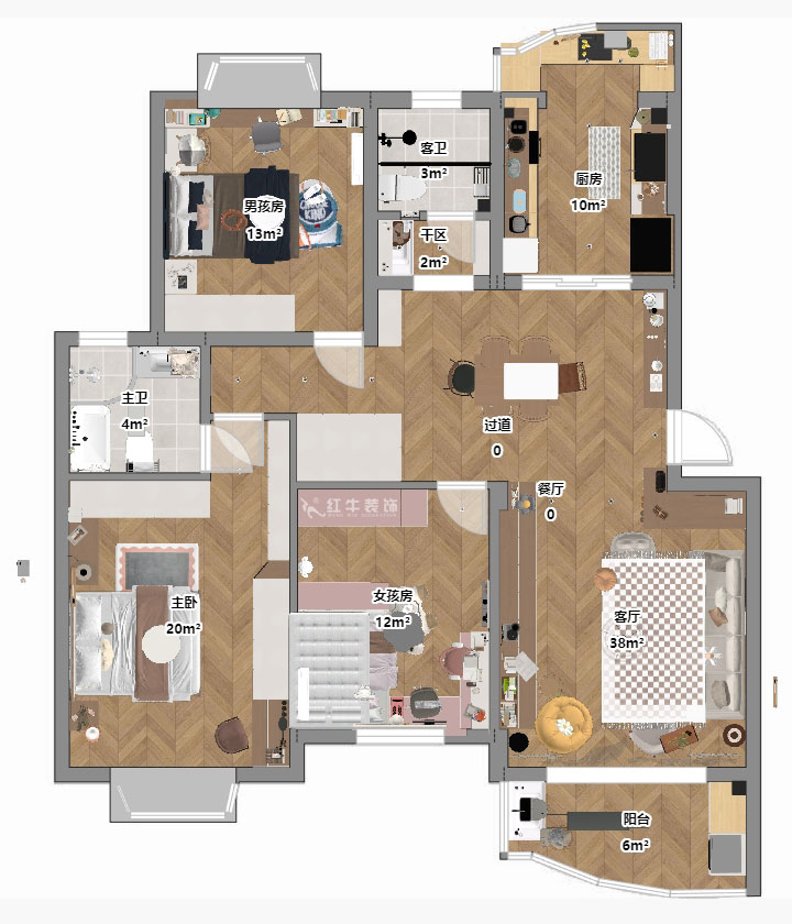 仇美蓉｜長江之家4-13-402-130㎡-原木奶油風格｜3室2廳2衛｜老房裝修｜定制家｜全包16萬｜00_03平面彩圖