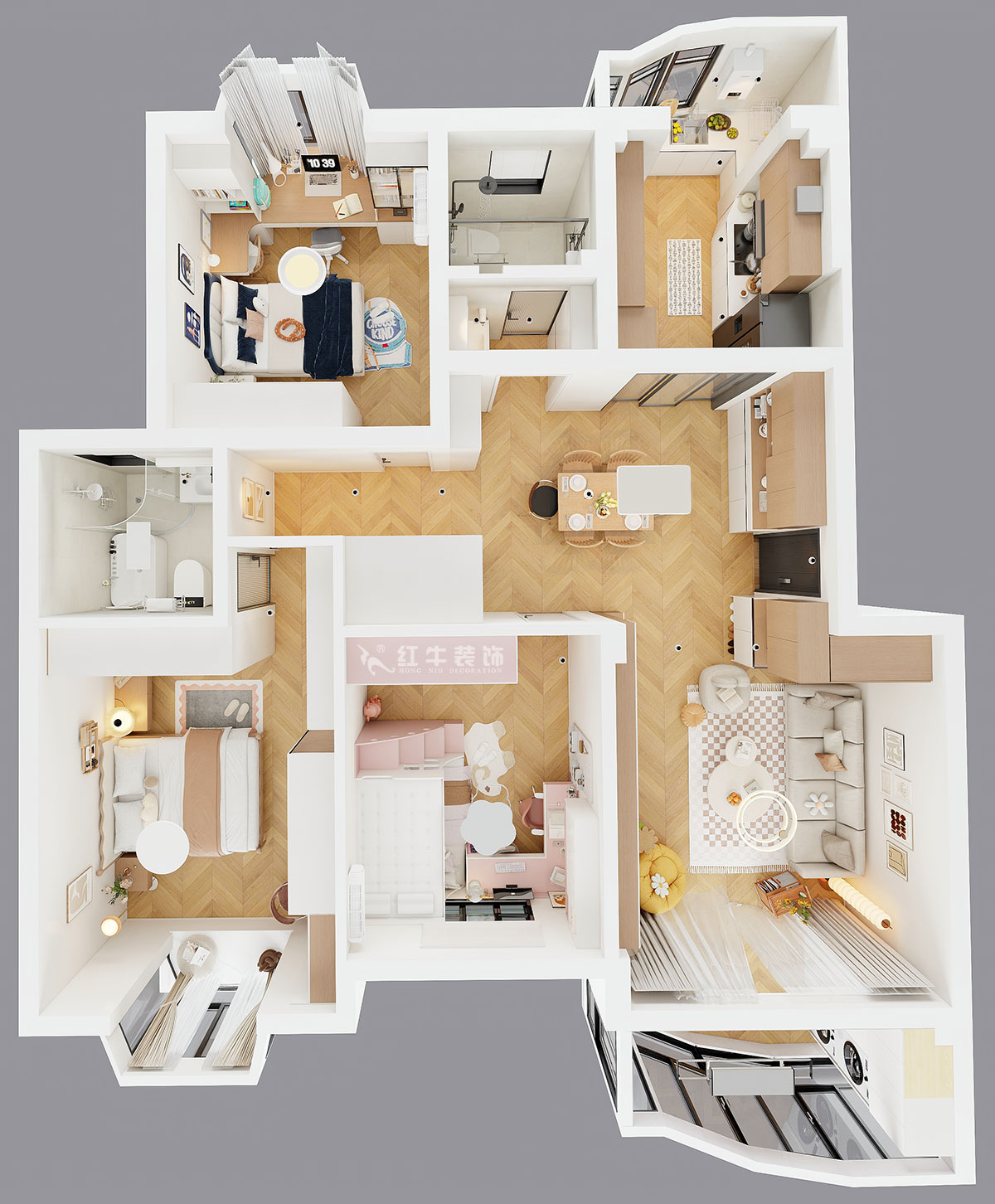 仇美蓉｜長江之家4-13-402-130㎡-原木奶油風格｜3室2廳2衛｜老房裝修｜定制家｜全包16萬｜00_04鳥瞰圖