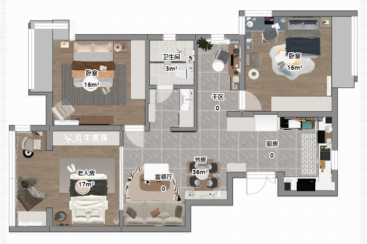 仇美蓉｜紫玉山莊1-204-85㎡-原木奶油風格｜3室2廳1衛｜老房裝修｜定制家｜全包10萬｜00_03平面彩圖