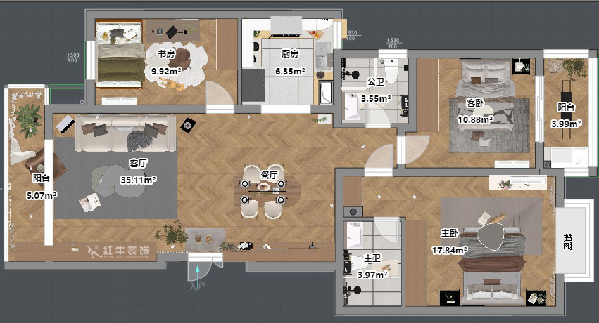 吳波｜仁恒翠竹園28-2-303-117㎡-現(xiàn)代簡約風格｜3室2廳2衛(wèi)｜舊房裝修｜定制家｜全包13萬｜00_03平面彩圖