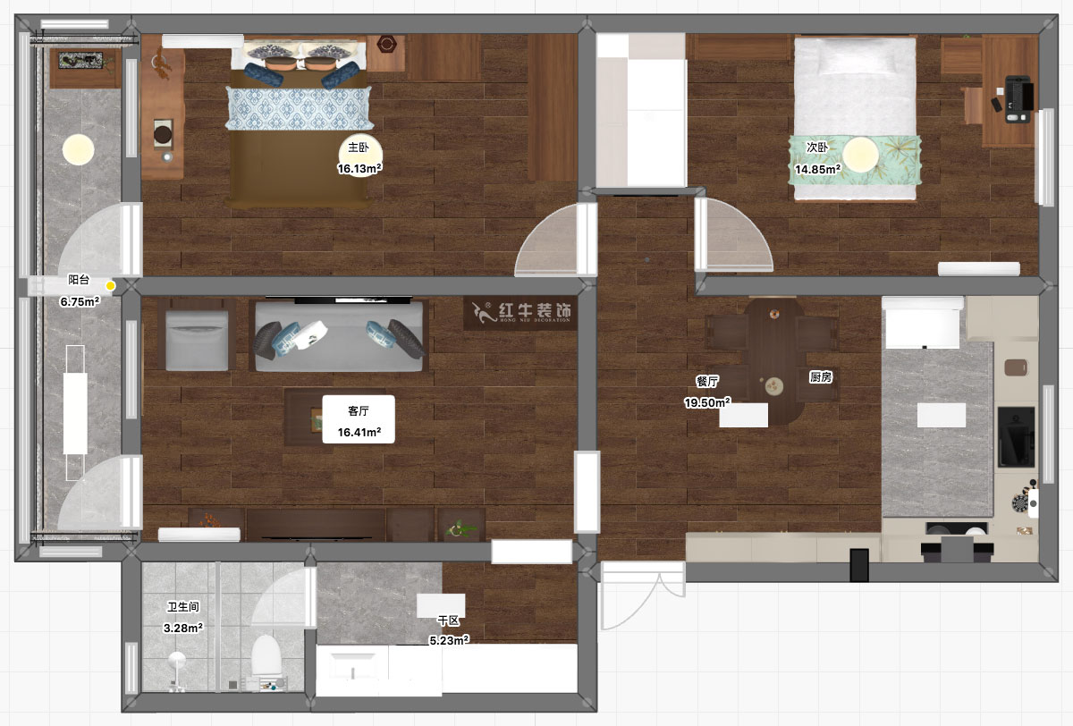 孟憲濤｜五老村24-201-100㎡-現(xiàn)代簡約風格｜3室2廳1衛(wèi)｜老房裝修｜定制家｜全包14萬｜00_03平面彩圖