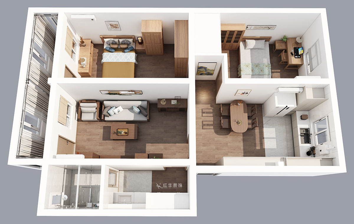 孟憲濤｜五老村24-201-100㎡-現(xiàn)代簡約風格｜3室2廳1衛(wèi)｜老房裝修｜定制家｜全包14萬｜00_04鳥瞰圖