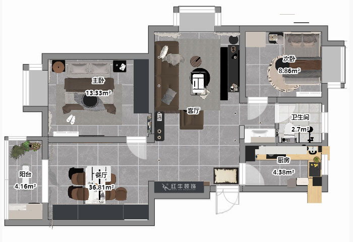 仇美蓉｜新建雅苑9-4-208-80㎡-簡約風格｜3室2廳1衛｜老房裝修｜定制家｜全包10萬｜00_03平面彩圖