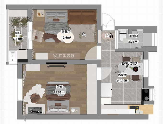 蔣琛｜瑞金路4號11-202-60㎡-簡約奶油風(fēng)｜2室1廳1衛(wèi)｜二手房裝修｜定制家｜全包9萬｜00_03平面彩圖