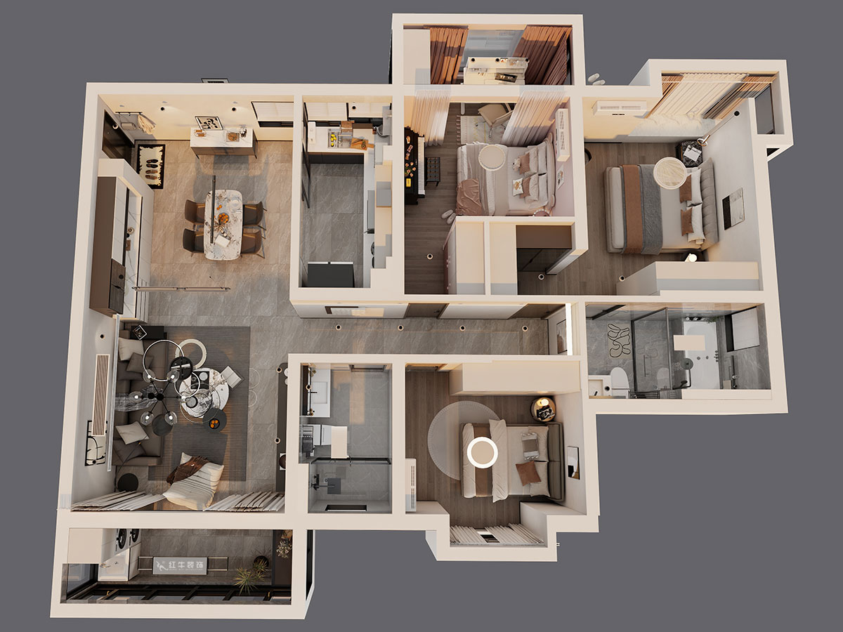 蔣琛｜蔚藍星座1-804-130㎡-現(xiàn)代簡約風格｜3室2廳2衛(wèi)｜老房裝修｜定制家｜全包19萬｜00_04鳥瞰圖