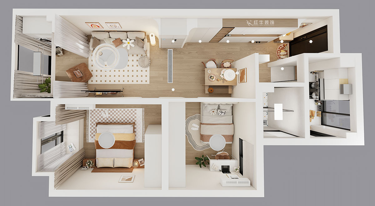 朱明琪｜觀泓雅苑B區2-2005-83㎡-原木風格｜2室1廳1衛｜新房裝修｜定制家｜全包11萬｜00_04鳥瞰圖