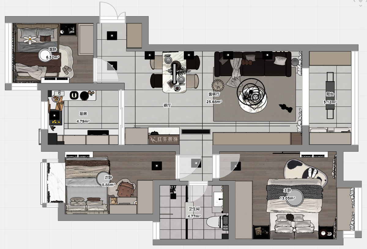 蔣琛｜保利羅蘭香谷10-1-1404-90㎡-現代簡約風格｜3室2廳1衛｜老房裝修｜定制家｜全包12萬｜00_03平面彩圖