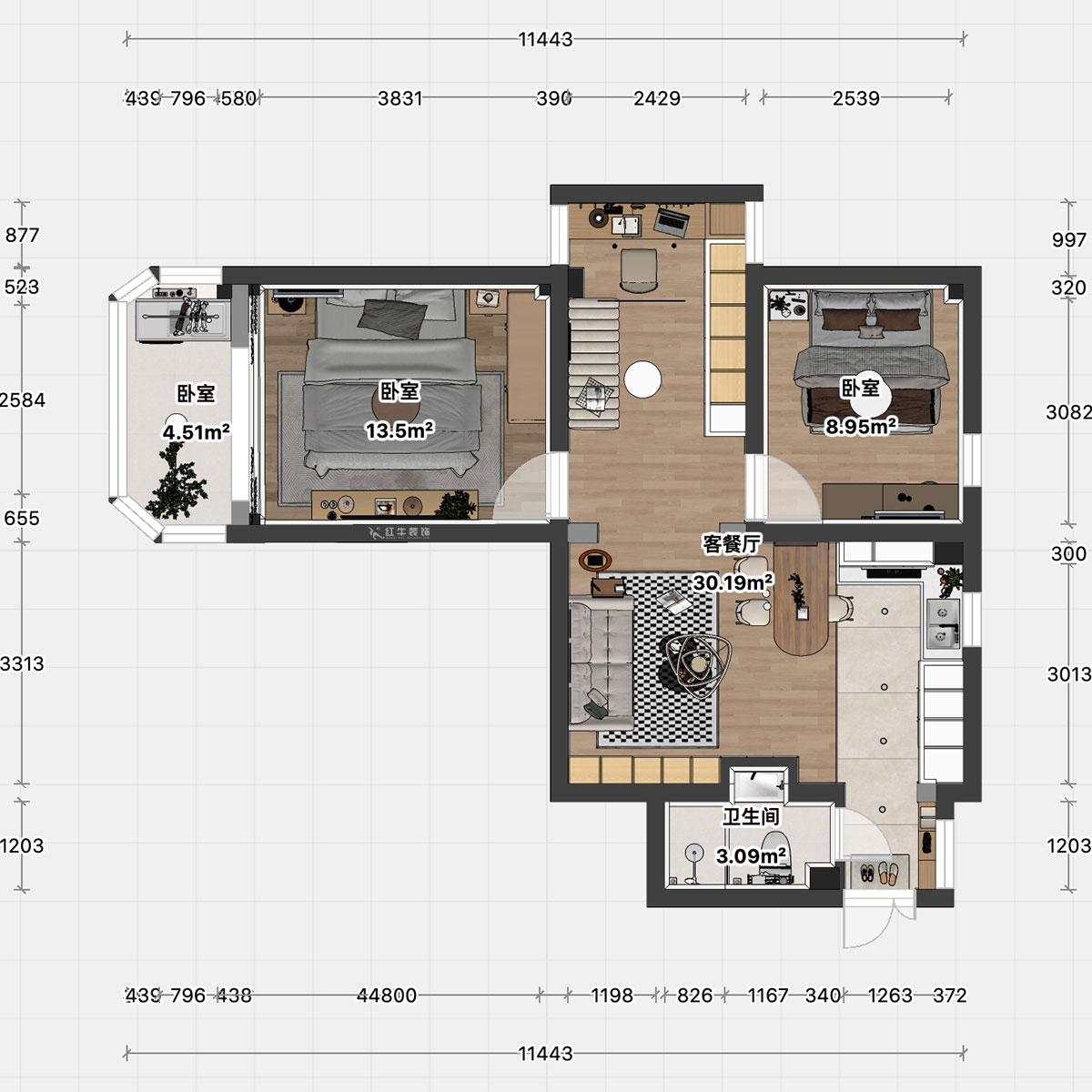 顧娟｜鎖金二村21-1105-77㎡-現代風格｜2室2廳1衛｜舊房裝修｜定制家｜全包11萬｜00_04平面彩圖