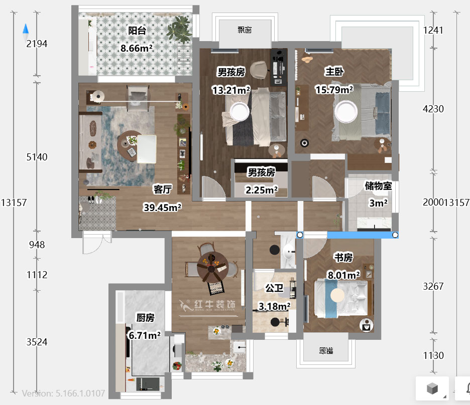 魏利利｜澳麗嘉園6-1004-128㎡-現代中古風｜3室2廳2衛｜老房改造｜定制家｜全包17萬｜00_03平面彩圖