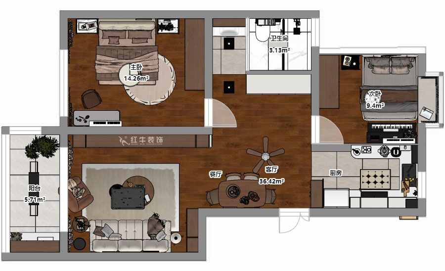 朱明琪｜時光澔韻3-2-902-90㎡-現代中古風｜2室2廳1衛｜老房裝修｜定制家｜全包13萬｜00_03平面彩圖