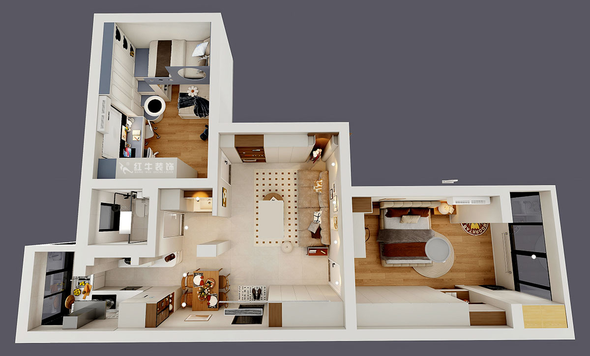 顧娟｜大樹根32-703-70㎡-現代簡約風格｜2室2廳1衛｜舊房裝修｜定制家｜全包11萬｜00_05鳥瞰圖