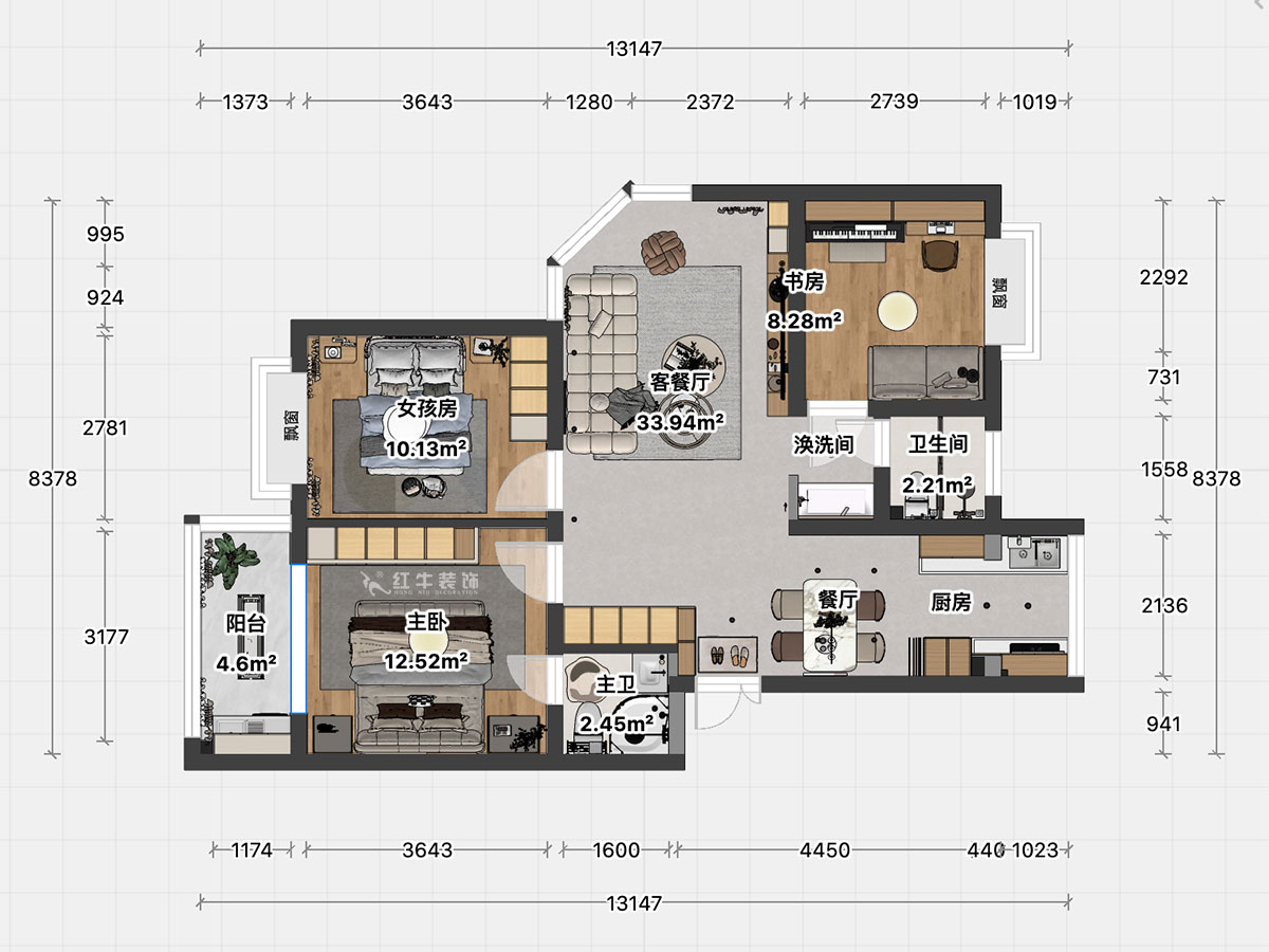 顧娟｜春天家園11-37-402-90㎡-現代簡約風格｜3室2廳2衛｜舊房裝修｜定制家｜全包12萬｜00_04平面彩圖
