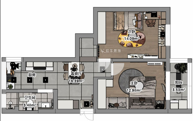 魏明花｜公教一村16-603-68㎡-現代簡約風格｜2室1廳1衛｜二手房裝修｜定制家｜全包9萬｜00_03平面彩圖