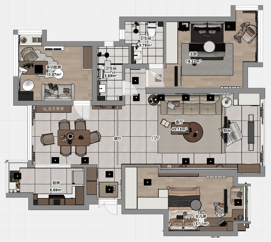 朱彥｜名都花園4-901-117㎡-現代簡約風格｜3室2廳2衛｜老房改造｜定制家｜全包15萬｜00_03平面彩圖