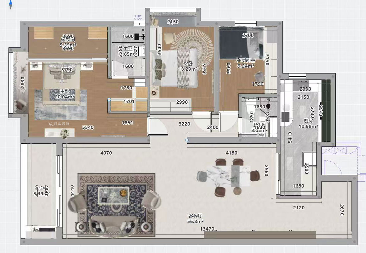 蔣?。┞∶?-1907-160㎡-法式風格｜3室2廳2衛(wèi)｜舊房裝修｜定制家｜全包22萬｜00_03平面彩圖