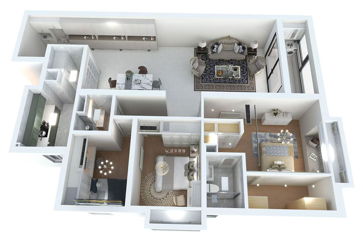 蔣琛｜京隆名府3-1907-160㎡-法式風格｜3室2廳2衛(wèi)｜舊房裝修｜定制家｜全包22萬｜00_04鳥瞰圖