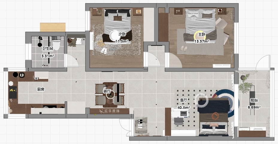 朱明琪｜美河園1-2-101-90㎡-現代風格｜2室1廳1衛｜老房改造｜定制家｜全包11萬｜00_03平面彩圖