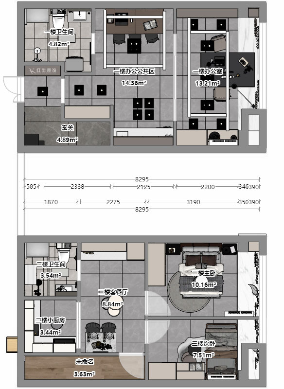 蔣琛｜融信鉑岸中心5號樓1218室-50㎡挑高-現代簡約風格｜3室2廳2衛｜老房裝修｜定制家｜全包12萬｜00_04平面彩圖