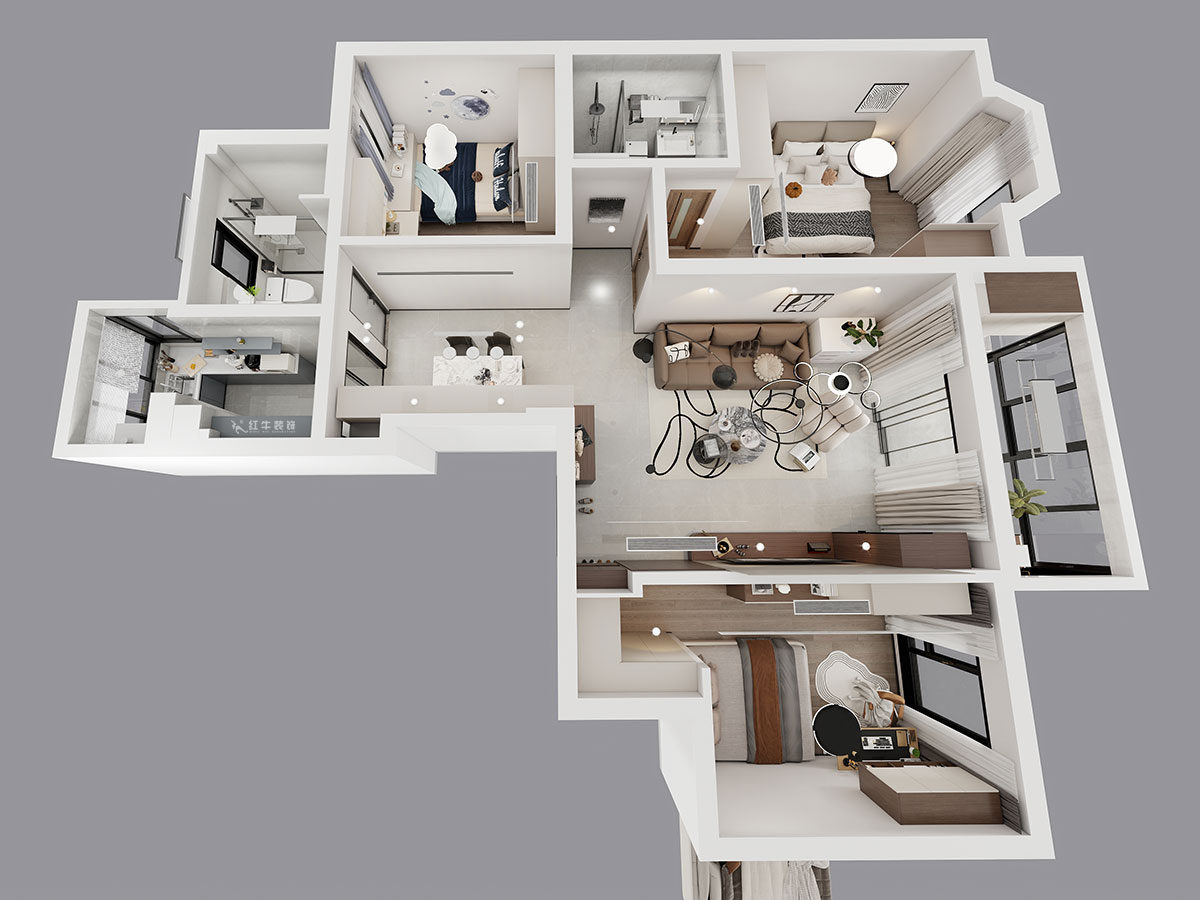 蔣琛｜香榭里8-2-901-108㎡-現代簡約風格｜3室2廳2衛｜老房裝修｜定制家｜全包16萬｜00_04鳥瞰圖