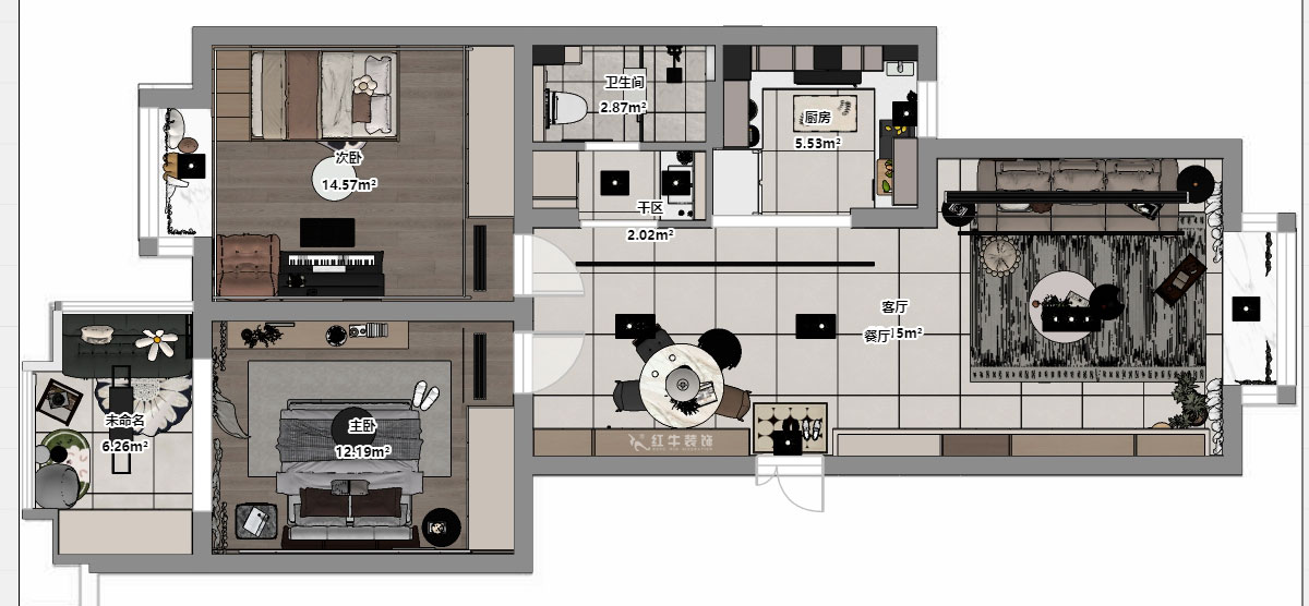 孟憲濤｜東城水岸5-202-99㎡-簡約風格｜2室2廳1衛｜老房裝修｜定制家｜全包14萬｜00_03平面彩圖