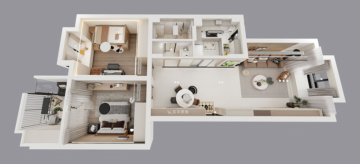 孟憲濤｜東城水岸5-202-99㎡-簡約風格｜2室2廳1衛｜老房裝修｜定制家｜全包14萬｜00_04鳥瞰圖