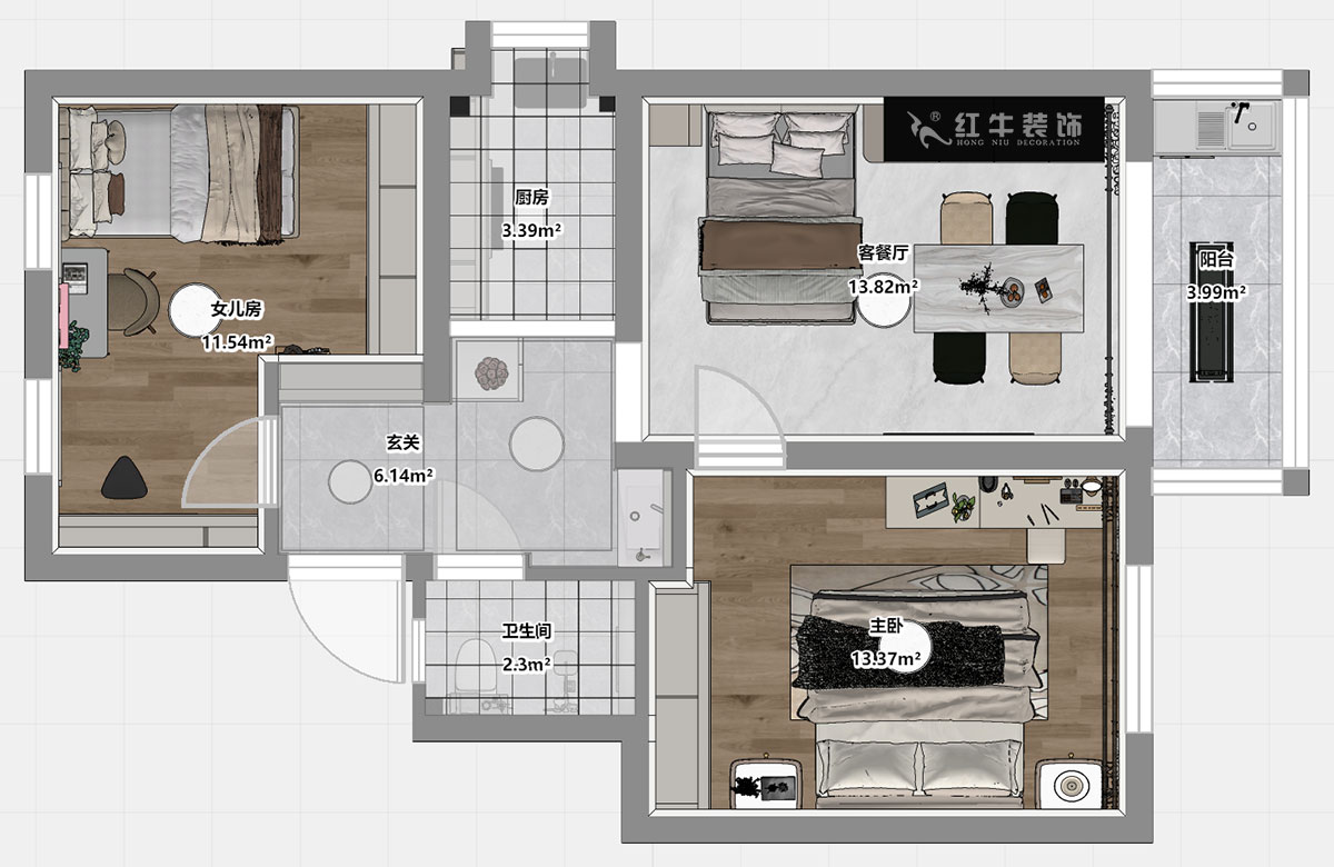 仇美蓉｜太平橋南38號1-601-67㎡-簡約風格｜2室1廳1衛｜老房裝修｜定制家｜全包8萬｜00_03平面彩圖