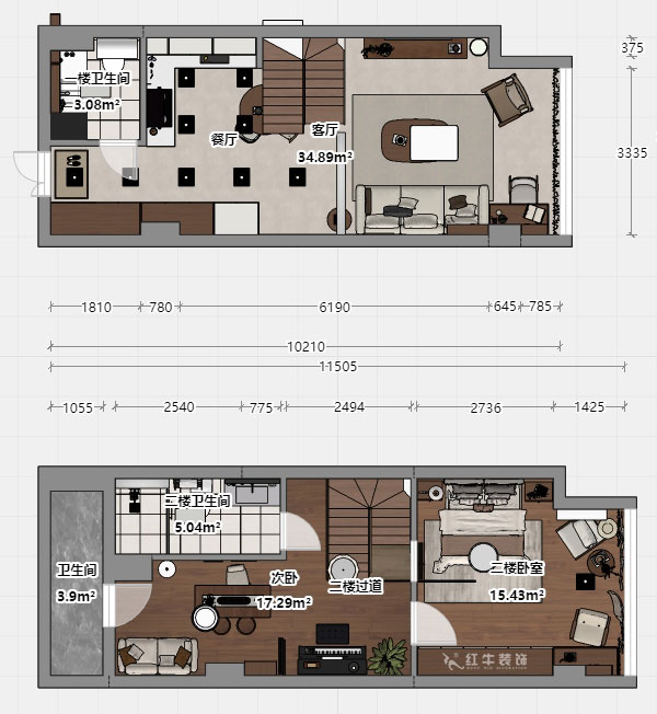 朱明琪｜瑞鑫蘭庭綜合樓1708-50㎡復式-現代簡約風格｜loft公寓｜2室2廳2衛｜老房裝修｜定制家｜全包12萬｜00_03平面彩圖