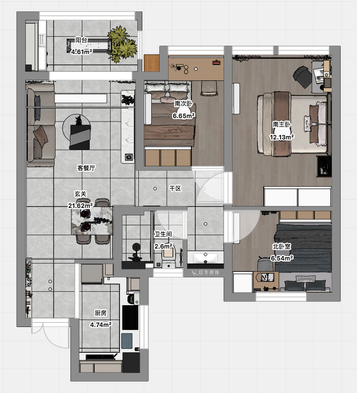 孟憲濤｜江城苑6-2-1704-88㎡-簡約風格｜3室2廳1衛｜新房裝修｜定制家｜全包12萬｜00_03平面彩圖