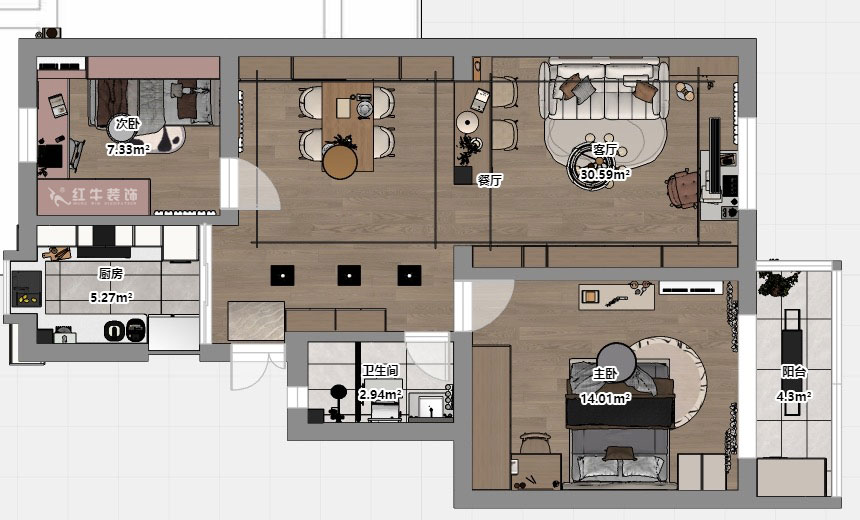 劉小勇｜龍蟠中路466號401室-83㎡-現代簡約風格｜2室2廳1衛｜老房裝修｜定制家｜全包10萬｜00_03平面彩圖