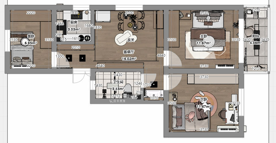 劉小勇｜寧工新寓二村115號501-75㎡-現代簡約風格｜3室1廳1衛｜老房裝修｜定制家｜全包10萬｜00_03平面彩圖