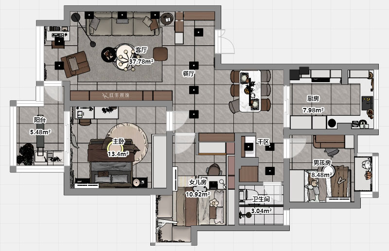 蔣琛｜萬達(dá)華府西苑6-401-106㎡-現(xiàn)代簡(jiǎn)約風(fēng)格｜3室2廳1衛(wèi)｜老房裝修｜定制家｜全包13萬｜00_03平面彩圖