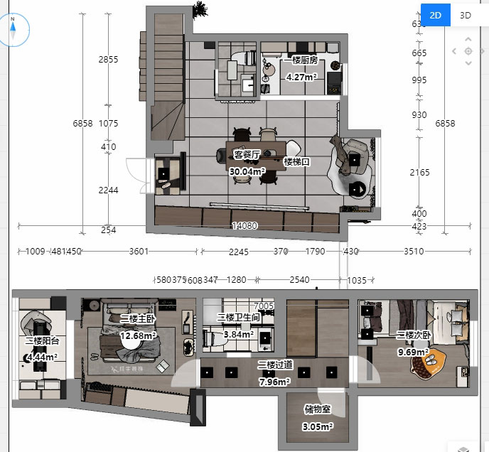 蔣琛｜圣淘沙花城6-1905-105㎡-現代簡約風格｜復式｜2室2廳2衛｜老房裝修｜定制家｜全包13萬｜00_05平面彩圖
