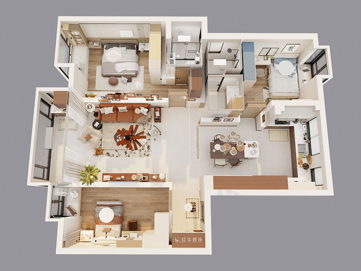 顧娟｜紫金明珠4幢202室-120㎡-現代簡約風格｜3室2廳2衛｜舊房裝修｜定制家｜全包17萬｜00_05鳥瞰圖