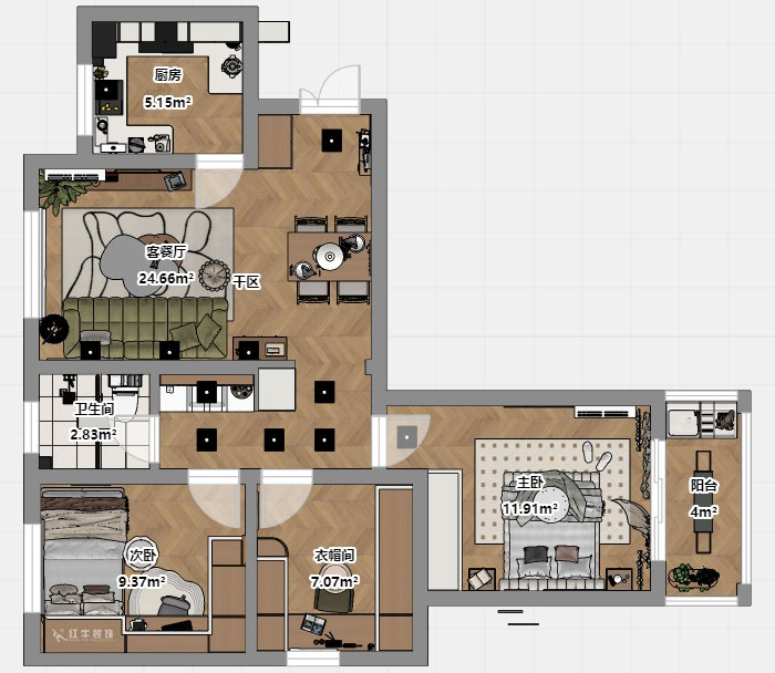 蔣琛｜銀龍雅苑11-3-212-85㎡-現代原木風｜3室1廳1衛｜新房裝修｜定制家｜全包11萬｜00_03平面彩圖