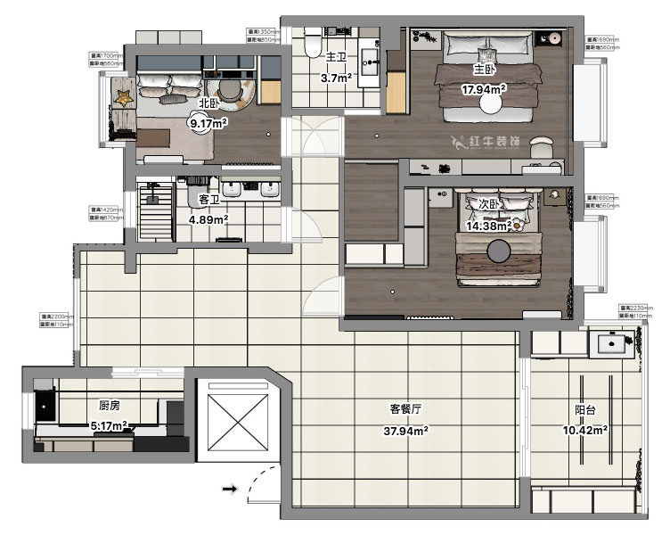 郭志成｜澳麗嘉園4-605-126㎡-現代奶油風格｜3室2廳1廚2衛｜毛坯裝修｜定制家｜全包19