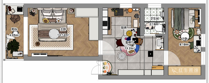 朱彥｜淮海新村7-28-702-57㎡-現代風格｜2室1廳1衛｜老房改造｜定制家｜全包8萬｜00_03平面彩圖
