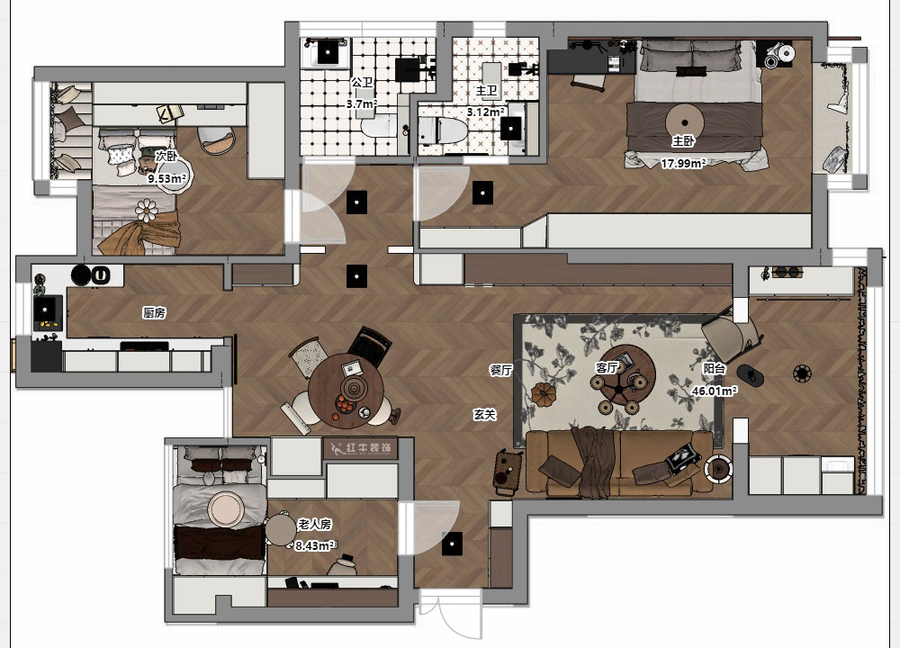 朱明琪｜金地自在城8街區5-1-501-111㎡-中古風｜3室1廳2衛｜老房裝修｜定制家｜全包15萬｜00_03平面彩圖