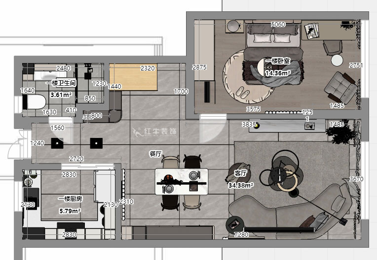吳波｜華府國際43-1-707-148㎡-輕法風格｜復式｜4室2廳3衛｜舊房裝修｜定制家｜全包18萬｜00_05一樓平面彩圖