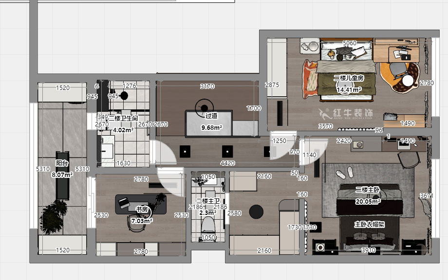 吳波｜華府國際43-1-707-148㎡-輕法風格｜復式｜4室2廳3衛｜舊房裝修｜定制家｜全包18萬｜00_06二樓平面彩圖