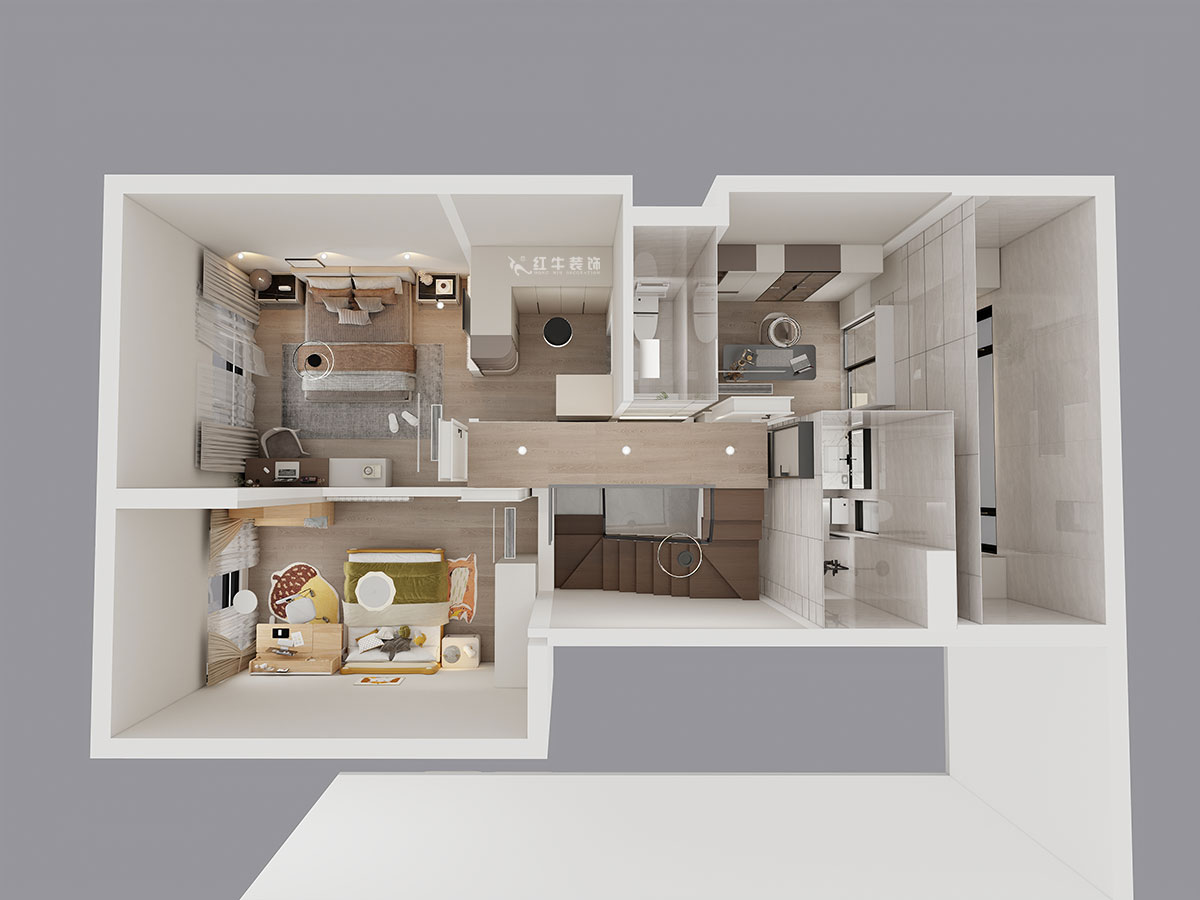 吳波｜華府國際43-1-707-148㎡-輕法風格｜復式｜4室2廳3衛｜舊房裝修｜定制家｜全包18萬｜00_08二樓鳥瞰圖