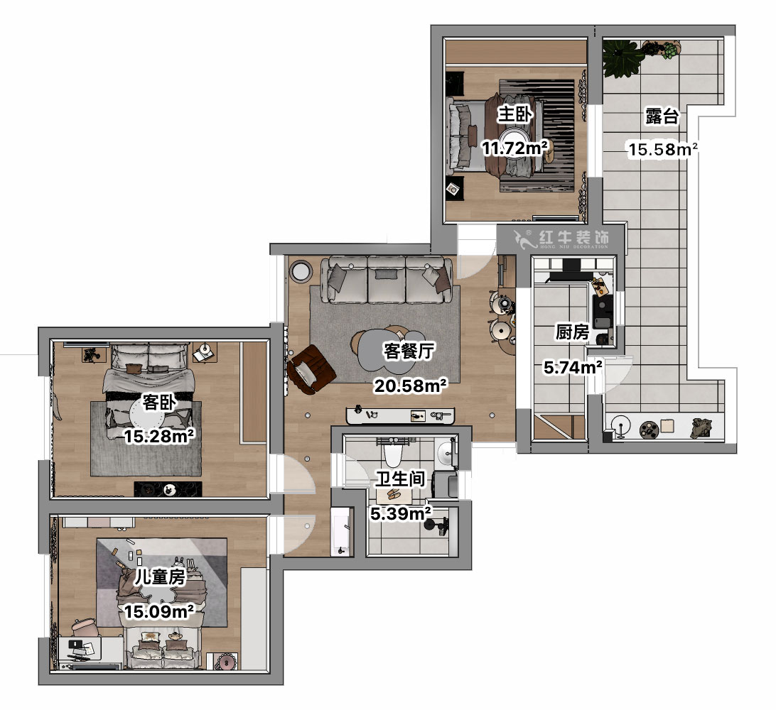 吳波｜清江花苑-清風園7-4-601-94㎡-現代簡約風格｜3室1廳1衛｜舊房裝修｜定制家｜全包12萬｜00_03平面彩圖