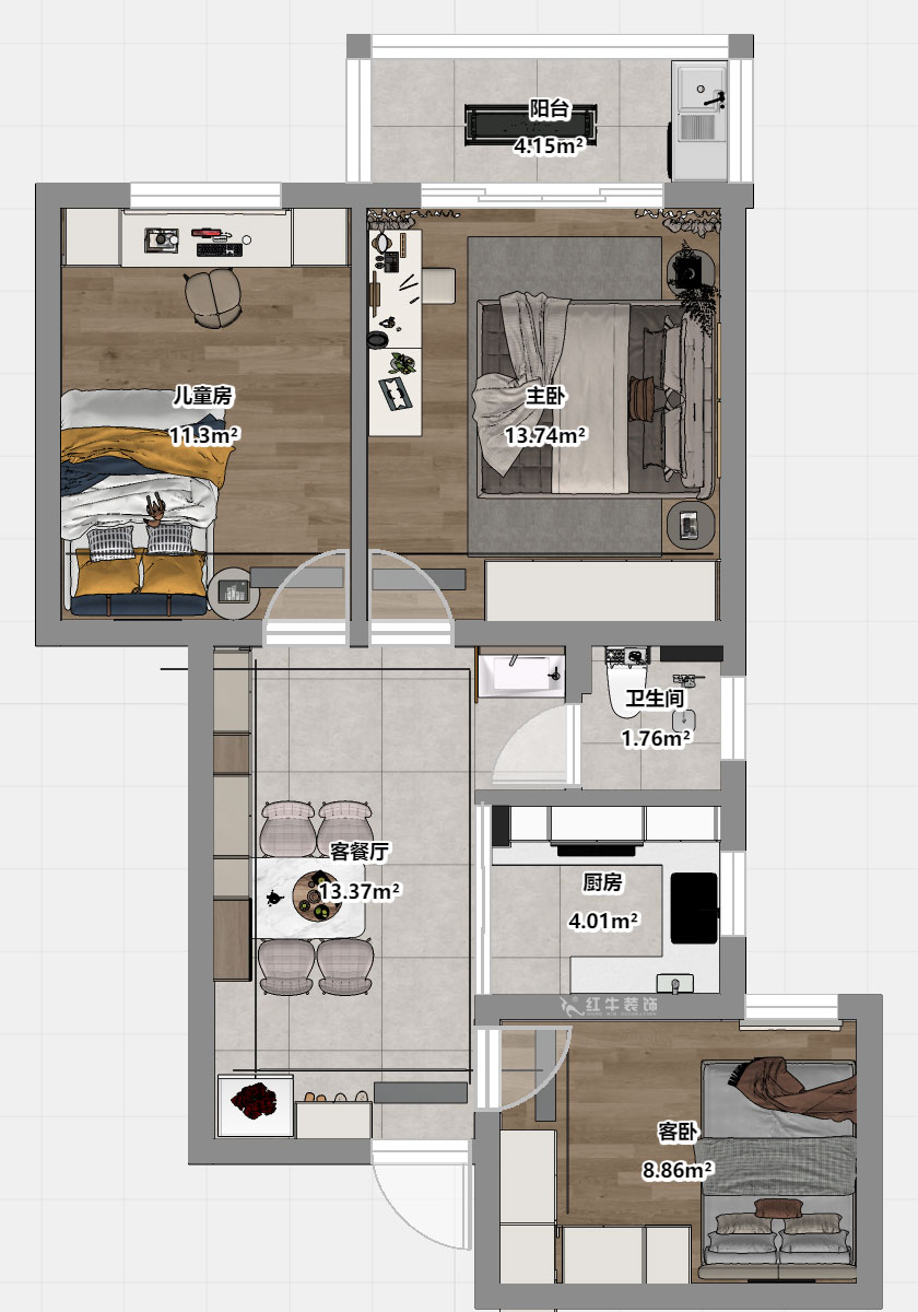 魏明花｜武學園8-2505-82㎡-現代簡約風格｜3室1廳1衛｜二手房裝修｜定制家｜全包14萬｜00_03平面彩圖