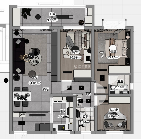 孟憲濤｜金浦御龍灣-I區(qū)3-1-204-120㎡-簡(jiǎn)約風(fēng)格｜3室2廳2衛(wèi)｜新房裝修｜定制家｜全包16萬｜00_03平面彩圖