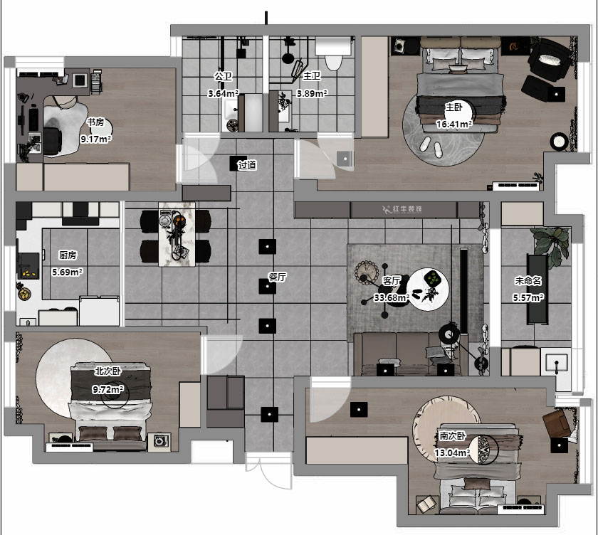孟憲濤｜融創臻園15-1005-120㎡-簡約風格｜4室2廳2衛｜新房裝修｜定制家｜全包16萬｜00_03平面彩圖
