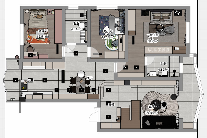 仇美蓉｜梅花山莊36-3-605-132㎡-簡約風格｜3室2廳2衛｜老房裝修｜定制家｜全包18萬｜00_05平面彩圖