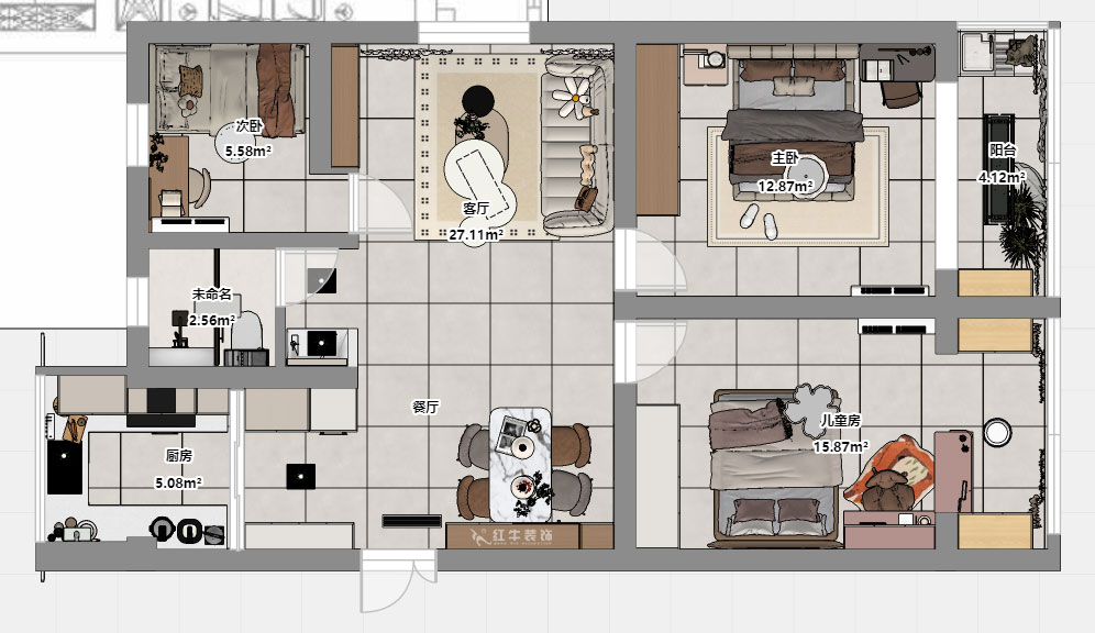 劉曉芳｜大楊村25號205室-87㎡-原木奶油風｜3室2廳1衛｜老房裝修｜定制家｜全包10