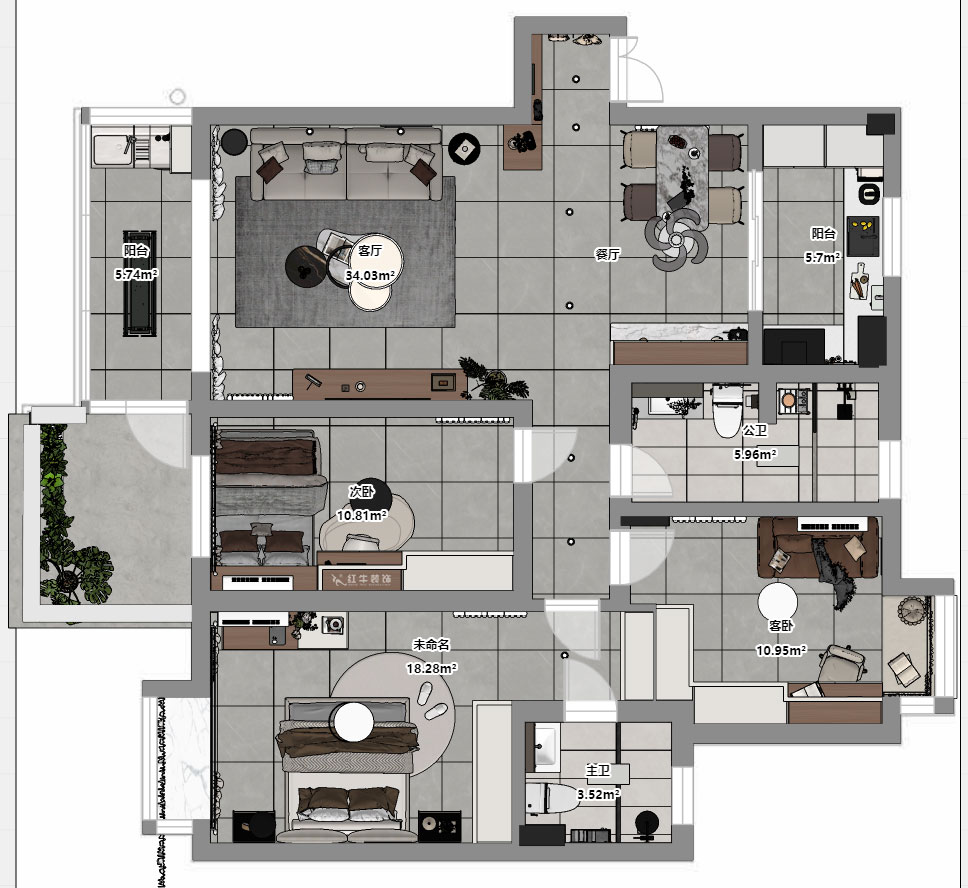 蔣琛｜江南明珠6-1-401-115㎡-現代簡約風格｜3室2廳2衛｜老房裝修｜定制家｜全包13萬｜00_03平面彩圖
