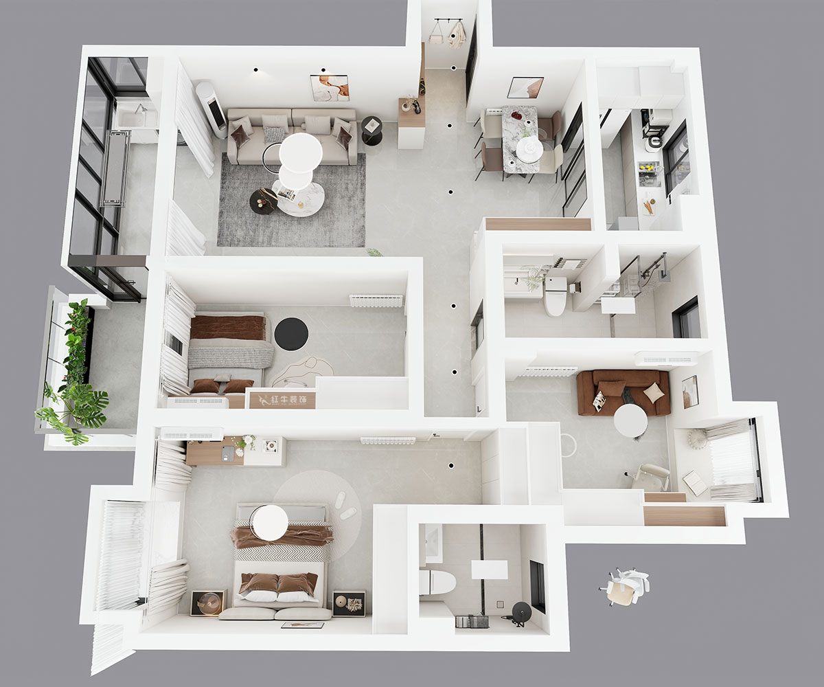 蔣琛｜江南明珠6-1-401-115㎡-現代簡約風格｜3室2廳2衛｜老房裝修｜定制家｜全包13萬｜00_04鳥瞰圖