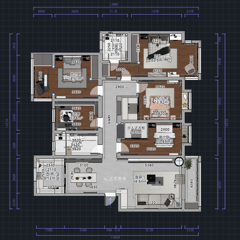 熊皓宇｜翠屏東南-180㎡-現代風格｜5室2廳2衛｜新房裝修｜定制家｜全包｜00_01平面彩圖
