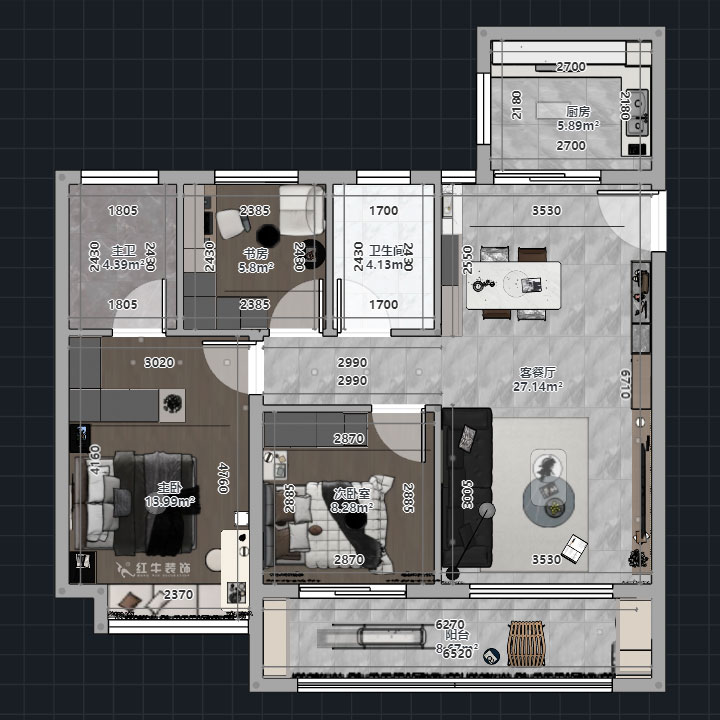 熊皓宇｜華發四季雅筑-120㎡-現代風格｜3室2廳2衛｜精裝修改造｜00_01平面彩圖